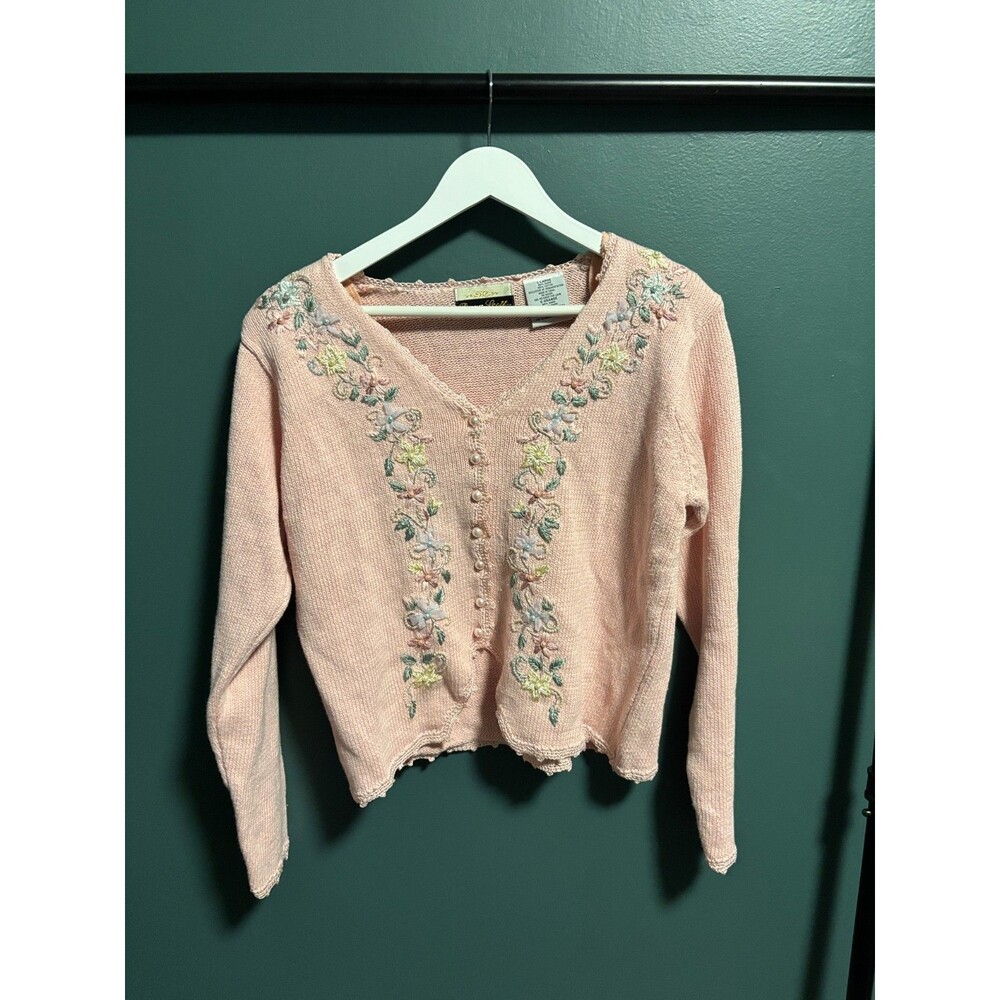 Vintage Dana Scott Embroidered Flowers Pink Sweater Size Large Grandma Cottage